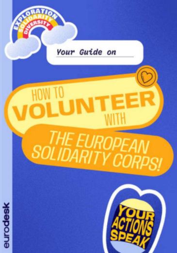 how to volunteer with ESC borító a kiadvány címével és kék háttér előtt